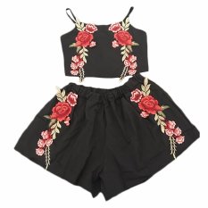 Fancyqube Wanita Bunga Baju Atasan Tanpa Lengan dan Celana Pendek 2 Piece Set Female Beach Style Black-Intl