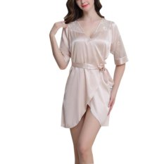 Fangfang Ladies Grace Lacy Renda dengan Gaun Sutra dan Rok Suit Champagne-Intl