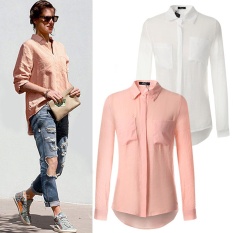 FARWAY 2 Pcs Fashion Baju Musim Semi & Musim Gugur Wanita Blus Kasual Longgar Tombol Lengan Panjang Blus Kerah Yg Terlipat Ke Bawah Kerah Kemeja Atasan 2 Warnd (berwarna Merah Muda, Putih)-Intl