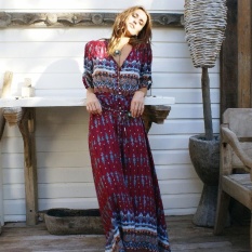 FARWAY Hot Jual Women Summer Beach Bohemian Gaun Cetak Maxi Elegan Pesta Perban Gaun Deep V-Neck Menunjukkan Tipis Pakaian Pakaian -Intl