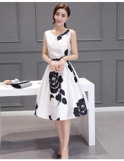 Farway Printed Dress A-Line Printing Skirts Tie-Dry Dress O-Collar Sleeveless Midi Dress Chinese Painting Flower Pattern Elegant Polyester Dress - intl