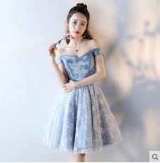 Fashion Bridesmaid Dress Short New Bride Dress Sisters Gaun Malam Gaun Mini Gaun Wisuda Gaun Pesta Musim Panas Gaun Biru- INTL