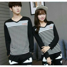 FASHION FLOWER-BAJU COUPLE KAOS PASANGAN KAOS COUPLE COUPLE STRIPE BLACK DESAY V-NECK (COWOK DAN CEWEK)