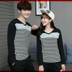 FASHION FLOWER-BAJU COUPLE KAOS PASANGAN KAOS COUPLE STRIPE BLACK V-NECK (COWOK DAN CEWEK)