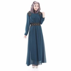 Fashion Benang Emas Bordir Malaysia Muslim Gaun Sifon Lengan Panjang (Hijau Gelap)-Intl