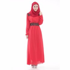 Fashion Benang Emas Bordir Malaysia Muslim Gaun Sifon Lengan Panjang (Merah)-Intl