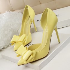 Fashion Tinggi-Sepatu Bertumit Wanita Pompa Tipis Tumit Bow High Heels Tertutup Runcing untuk Pernikahan Wanita Wanita Sepatu (Kuning)