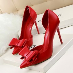 Fashion Tinggi-Sepatu Bertumit Wanita Pompa Tipis Tumit Bow High Heels Tertutup Runcing untuk Pernikahan Wanita Wanita Sepatu (Merah)