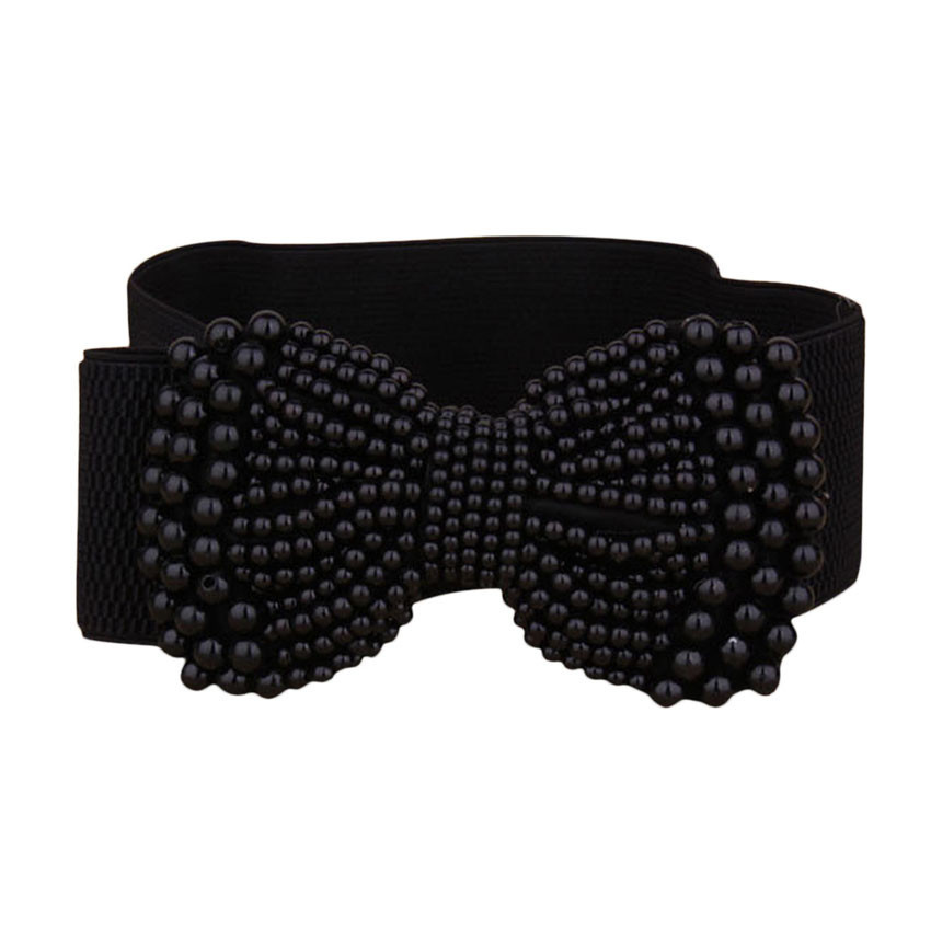 FASHION LADY Bowknot Stretch Elastis Sabuk Lebar Pearl Sabuk Pinggang Hitam (Int: Satu Ukuran)-Intl