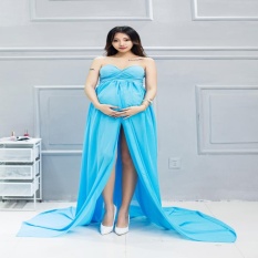 Fashion Maternity Photography Props Fancy Maternity Dress Hamil Pakaian Maxi Sifon Gaun Sesi Foto (Biru)-Intl