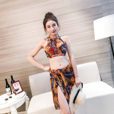 Patchwork Cetak Baju Renang Wanita Baju Renang Tiga Potong Bikini Set dengan Sarung Hingga Baju Renang Wanita