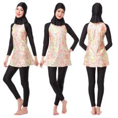 Fashion Printed Wanita Pakaian Renang Islami Tiga Potong Full Coverage Baju Renang Muslim Ladies Lengan Panjang Berenang Memandikan Perapi-Intl