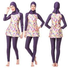 Fashion Printed Wanita Pakaian Renang Islami Tiga Potong Full Coverage Baju Renang Muslim Ladies Lengan Panjang Berenang Memandikan Perapi-Intl