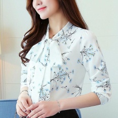 Modis Musim Semi Musim Gugur Wanita Cetak Busur Kerah Kemeja Kasual Panjang Lengan Jersey Rayon Blus Wanita Atasan Elegan Blusas Putih -Internasional