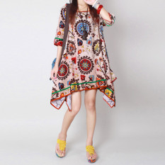 Vintage Fashion Wanita Gaya Cina Luar Biasa Panjang Leher Bulat Atasan Kaftan Motif Bunga Baju Gaun Mini