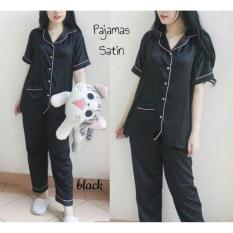 fashion wanita pakaian baju tidur model piyama model satin celana panjang warna hitam