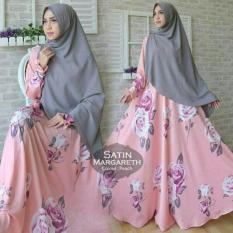 Fashion Wanita Satin Margaret Peach Hijab Gamis Maxi Dres Set Muslim
