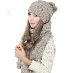 Fashion Syal Topi Musim Dingin Lucu Merajut Beanie Renda Topi Topi untuk Wanita Syal Hangat dan Topi Topi Rajut Lilit Toko (Khaki)-Intl