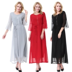 Fashion Wanita Gaun Muslim Kebaya Lengan Gaun Panjang Maxi Gaun Sabuk Termasuk (hitam)-Intl
