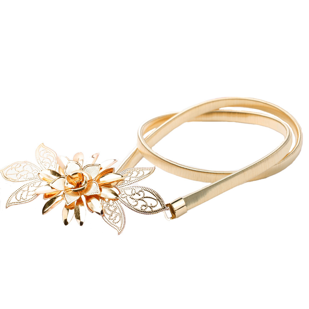 Fashion Wanita Lady Gold Rantai Logam Belt Hiasan Bunga \n Tali Pinggang Elastis Belt All-Match Cummerbund Emas Fashion Wanita Lady Gold Rantai Logam Belt Hiasan Bunga \n Tali Pinggang Elastis Belt All-Match Cummerbund Emas