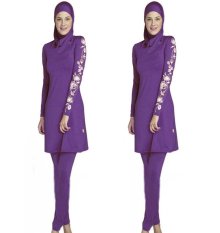 Fashion Wanita Plus Ukuran Dicetak Floral Swimwear Muslim Arab Islamic Swimsuit Jilbab Wanita Swimwear Penuh Cakupan Muslim Renang Pakaian Renang Swim Suit Purple (Dengan Free Gift Blue Cap) -Intl