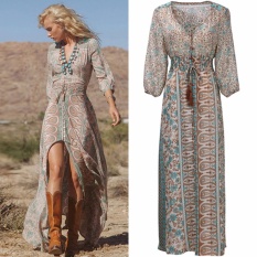 Fashion Wanita Sexy Long Sleeve Floral Chiffon BoHo Pesta Pantai Maxi Gaun Panjang-Internasional