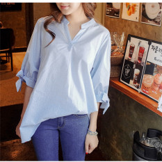 Kemeja Fashion Wanita Garis Biru Panas Musim Kasual Baju Katun Lengan Pendek Kemeja Longgar Kain Sutera Tipis Ukuran Better Manis Perjalanan Biru