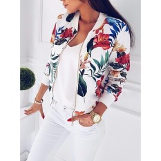 Modis Wanita Retro Bunga Ritsleting Pembom Jaket Bisbol Kasual Mantel Lebih Tahan DR-Internasional