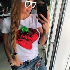 Fashion Wanita Payet Lengan Pendek Kasual Baju Atasan Longgar Top T-shirt Blus (Putih)-Intl