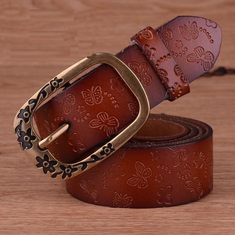 Wanita Tali Kulit Asli Sabuk Wanita Timbul (coklat)