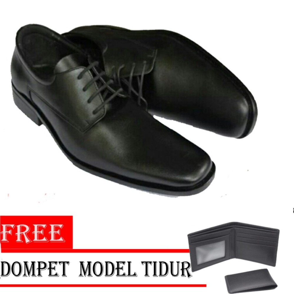 Sepatu Kerja Pria Kantor Pantofel Kulit Sintetis Model Tali - Black - Free Dompet Model Tidur - Black
