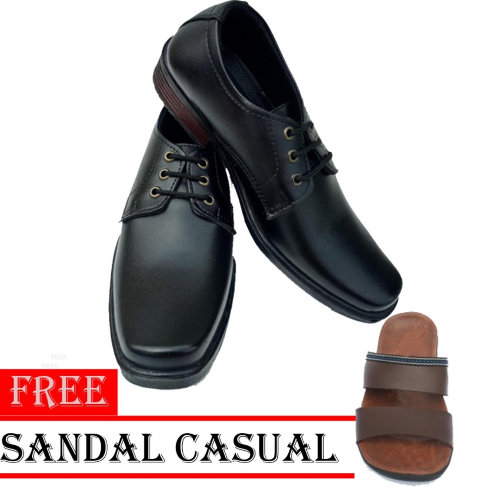 Sepatu Kerja Pria Kantor Pantofel Kulit Sintetis Model Tali - Black - Free Sandal Casual