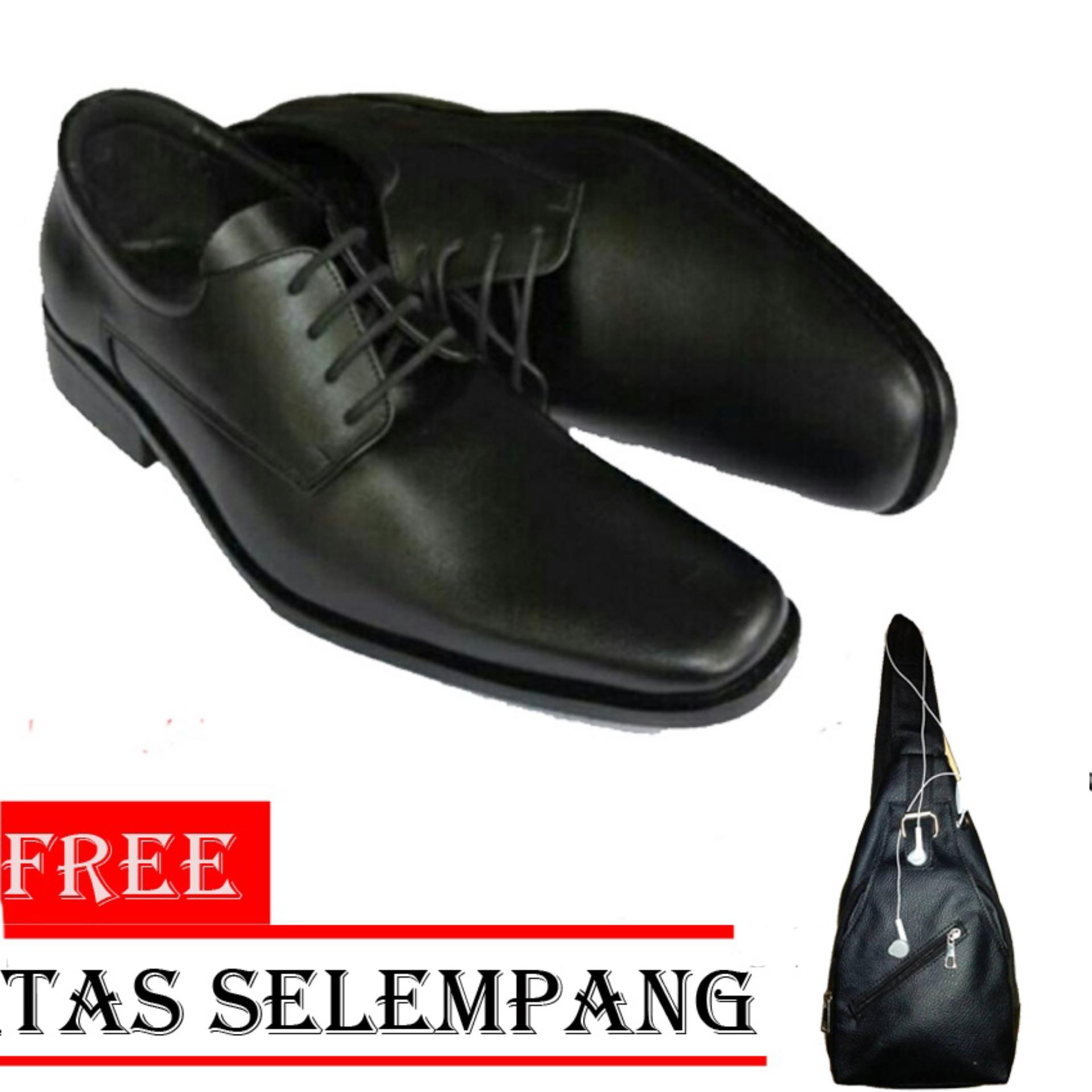 Sepatu Kerja Pria Kantor Pantofel Kulit Sintetis Model Tali - Black  Free Tas Selempang - Black