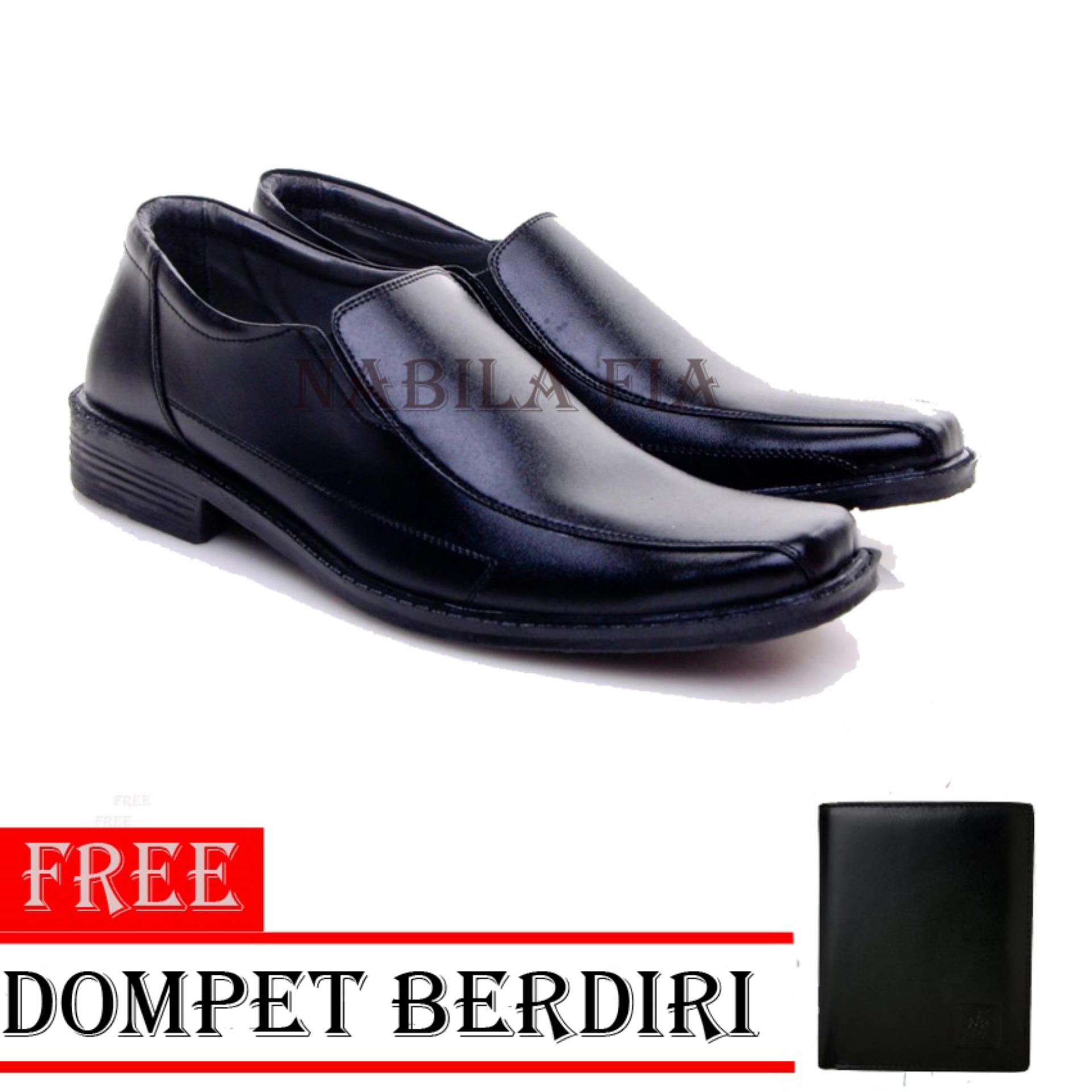 Sepatu Pria Untuk Kerja Kantor Kulit Sintetis - Black Free Dompet Berdiri - Black