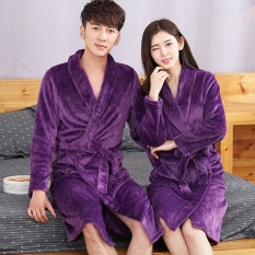 Flanel Pria Wanita Robe Longgar Jubah Mandi Long Sleeve Sleep Nightgown Loungewear-Intl