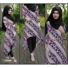 Flavia Store Baju Muslim Wanita Set 4 in 1 Batik FS0696 - NAVY BIRU DONGKER / Setelan Muslimah / Stelan Gamis / Hijab / Atasan Blouse Terusan Kemeja Tunik Lengan Panjang Bawahan Celana / Srsafiragelis