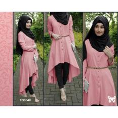 Flavia Store Baju Muslim Wanita Set 4 in 1 FS0646 - PINK / Setelan Muslimah / Stelan Gamis / Hijab / Atasan Blouse Terusan Kemeja Tunik Lengan Panjang Bawahan Celana / Srnewsafira