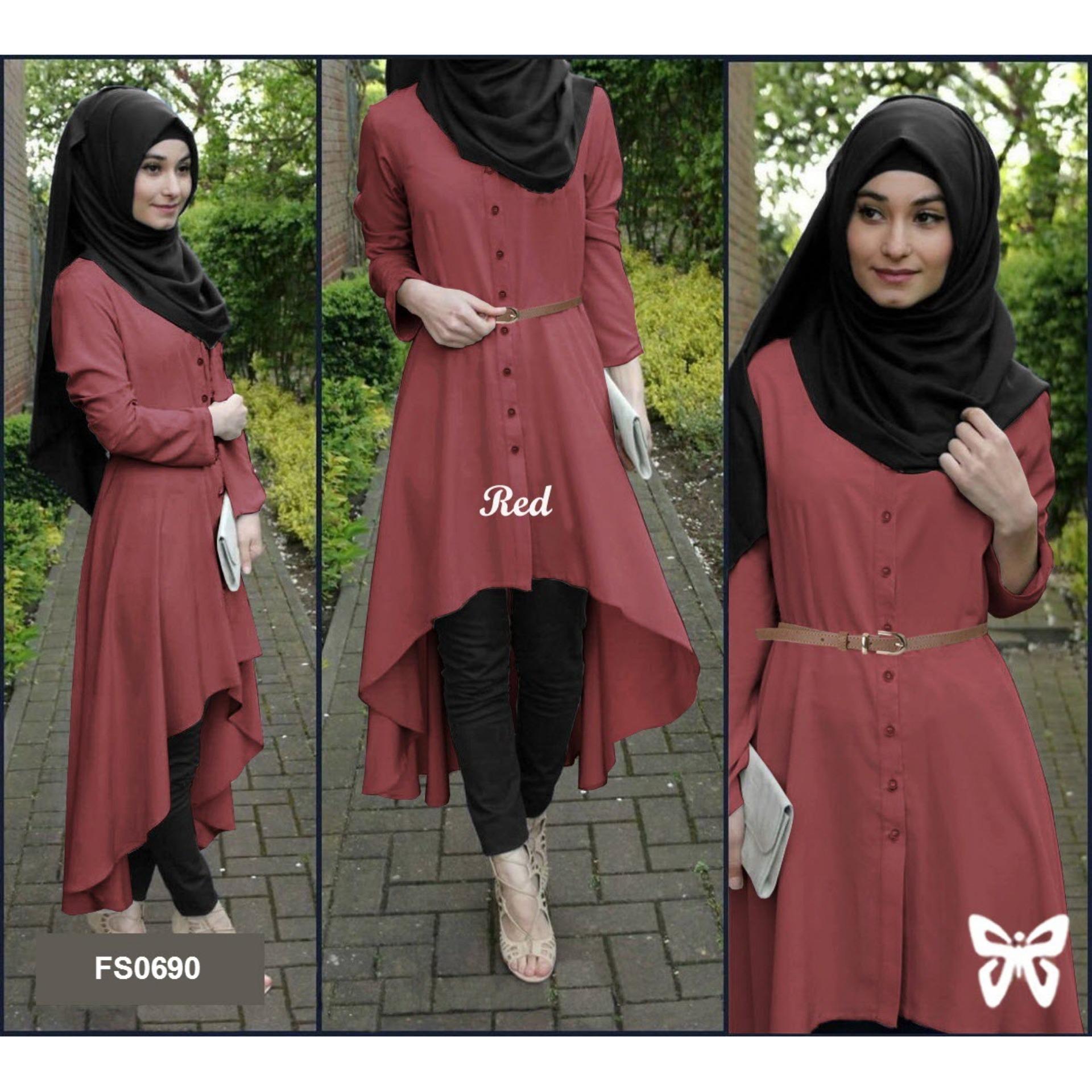 Flavia Store Baju Muslim Wanita Set 4 in 1 FS0690 - MERAH / Setelan Muslimah / Stelan Gamis / Hijab / Atasan Blouse Terusan Kemeja Tunik Lengan Panjang Bawahan Celana / Srsafira