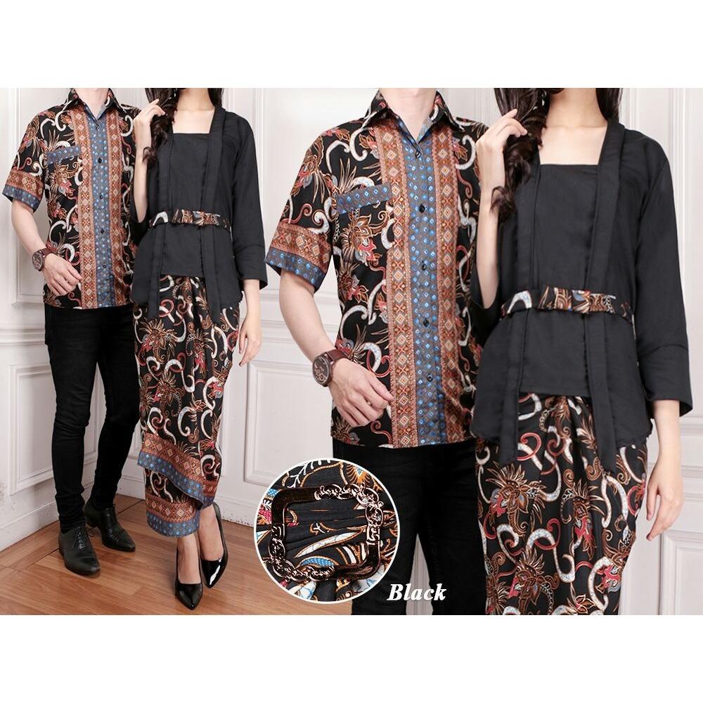 Flavia Store Batik Couple FS0081 - HITAM / Sarimbit / Baju Pasangan / Sepasang Busana / Kemeja Pria Setelan Kebaya Kutu Baru Modern Stelan Kutubaru Wanita / Tzcpsinta