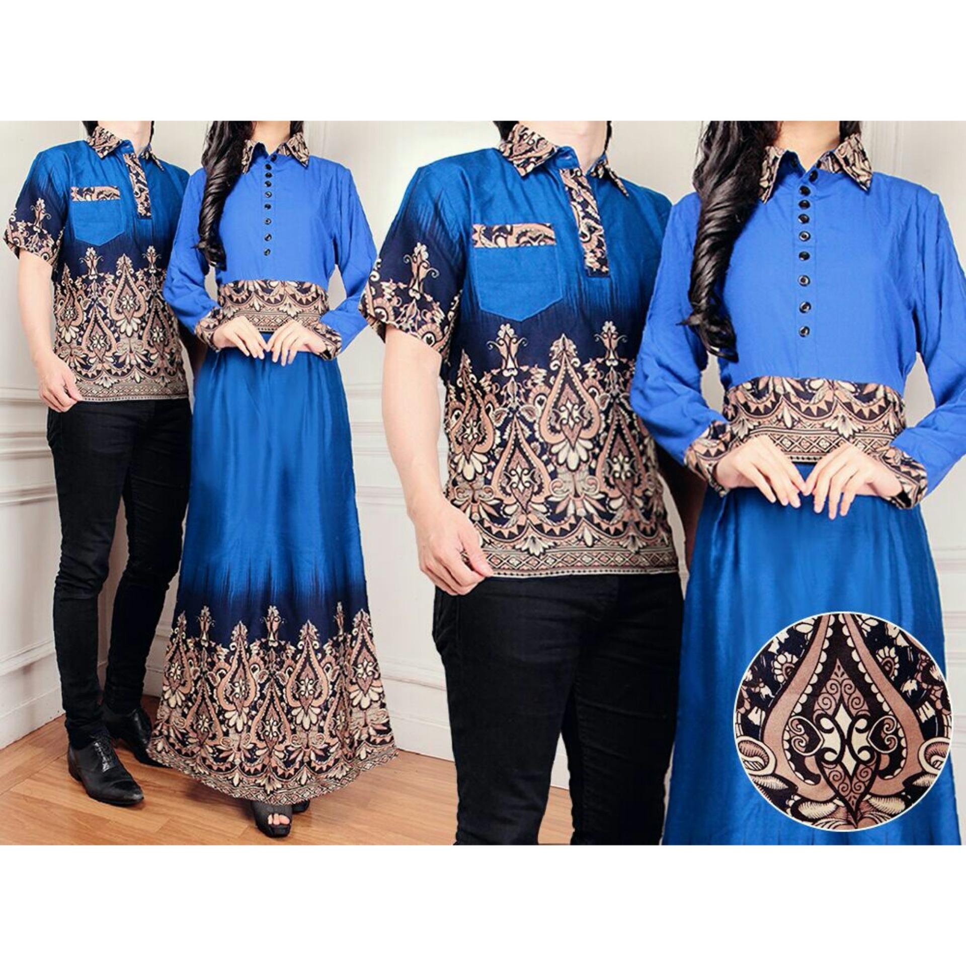 Flavia Store Batik Couple FS0281 - BIRU / Sarimbit / Baju Muslim Pasangan / Sepasang Busana / Kemeja Pria Gaun Muslimah Gamis Wanita / Tzcpmiranda