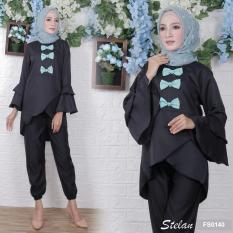 Flavia Store Baju Muslim Wanita Set 2 in 1 FS0140 - HITAM / Setelan Muslimah / Stelan Gamis / Atasan Blouse Kemeja Tunik Lengan Panjang Terompet Bawahan Celana Joger / Tzsavira