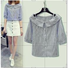 Flavia Store Blouse Lengan Pendek Salur FS0699 - BIRU / Kemeja Kerja Wanita Formal / Baju Santai Kasual / Atasan Garis / Rntokyostripe