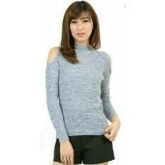 Flavia Store Blouse Lengan Panjang Pundak Bolong Rajut FS0207 - ABU-ABU / Baju Kaos TShirt Wanita Bahu Sabrina / Atasan / Rnbbtwisspj