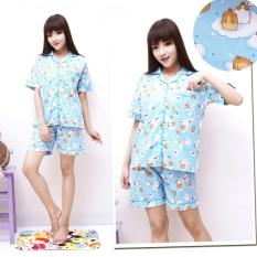 Flavia Store Setelan Piyama Pendek Wanita Motif Kartun FS0047 - BIRU / Stelan Baju Celana Tidur Katun Jepang / Tzdaisy