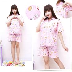 Flavia Store Setelan Piyama Pendek Wanita Motif Kartun FS0048 - PINK / Stelan Baju Celana Tidur Katun Jepang / Tzdaisy