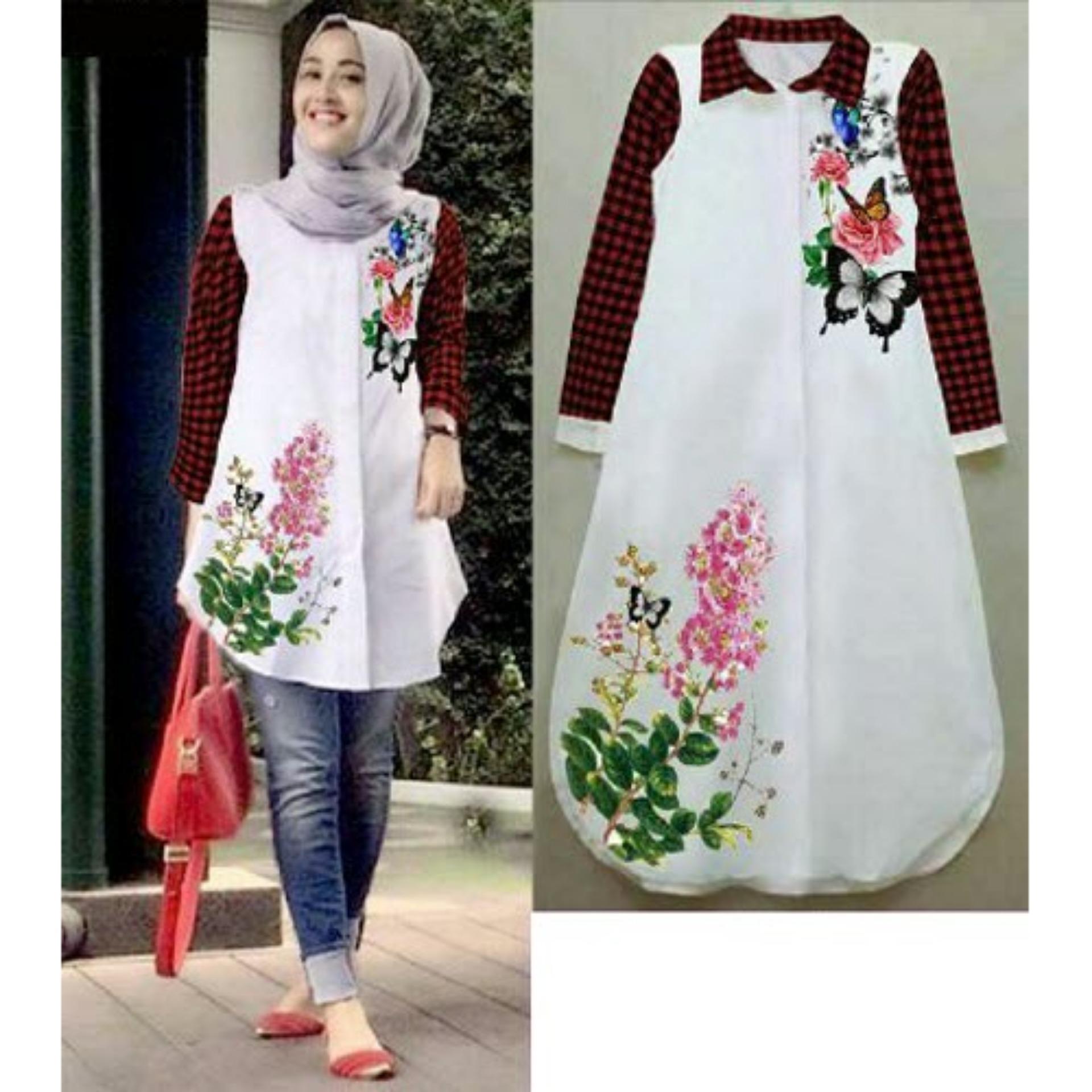 Flavia Store Kemeja Tunik Wanita Lengan Panjang Motif Bunga FS0130 - PUTIH MERAH / Baju Santai Kasual / Blouse Kerja Formal / Terusan / Atasan Muslimah / Rnselina