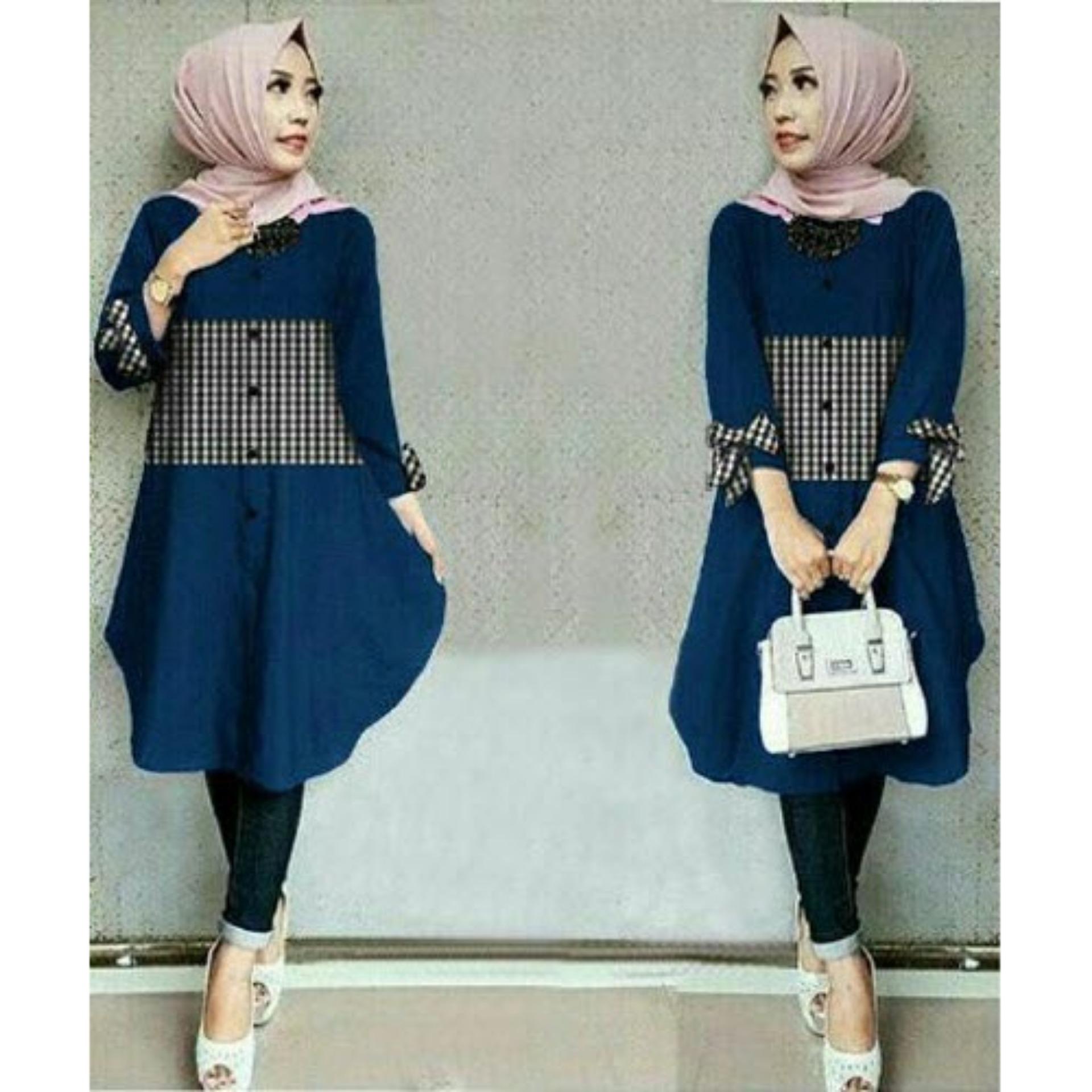 Flavia Store Kemeja Tunik Wanita Lengan Panjang Pita FS0197 - NAVY / Baju Santai Kasual / Blouse Kerja Formal / Terusan / Atasan Muslimah / Rntunixribbon