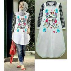 Flavia Store Kemeja Tunik Wanita Lengan Panjang Motif Bunga FS0270 - PUTIH HITAM / Baju Santai Kasual / Blouse Kerja Formal / Terusan / Atasan Muslimah / Rntunixladies