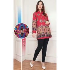 Flavia Store Kemeja Tunik Wanita Lengan Panjang Batik FS0098 - MERAH / Blouse Kerja Formal / Baju Santai Kasual / Atasan Muslimah / Terusan / Tztuniklinda