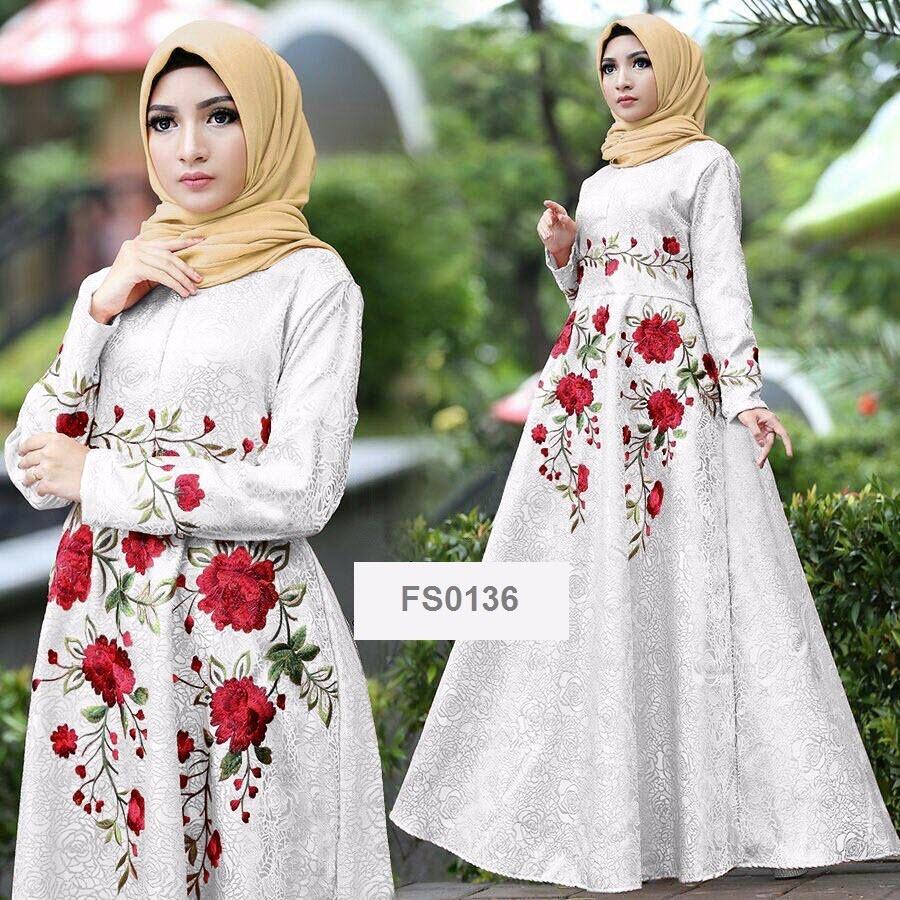 Flavia Store Maxi Dress Lengan Panjang Bordir Bunga FS0737 - PUTIH / Gamis Syari / Gaun Pesta Muslimah / Baju Muslim Wanita Syar'i / Srayana